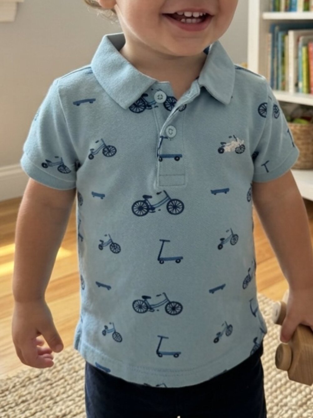 MONICA+ANDY 100% Organic Cotton Blue On Wheels Short Sleeve Polo 3T
